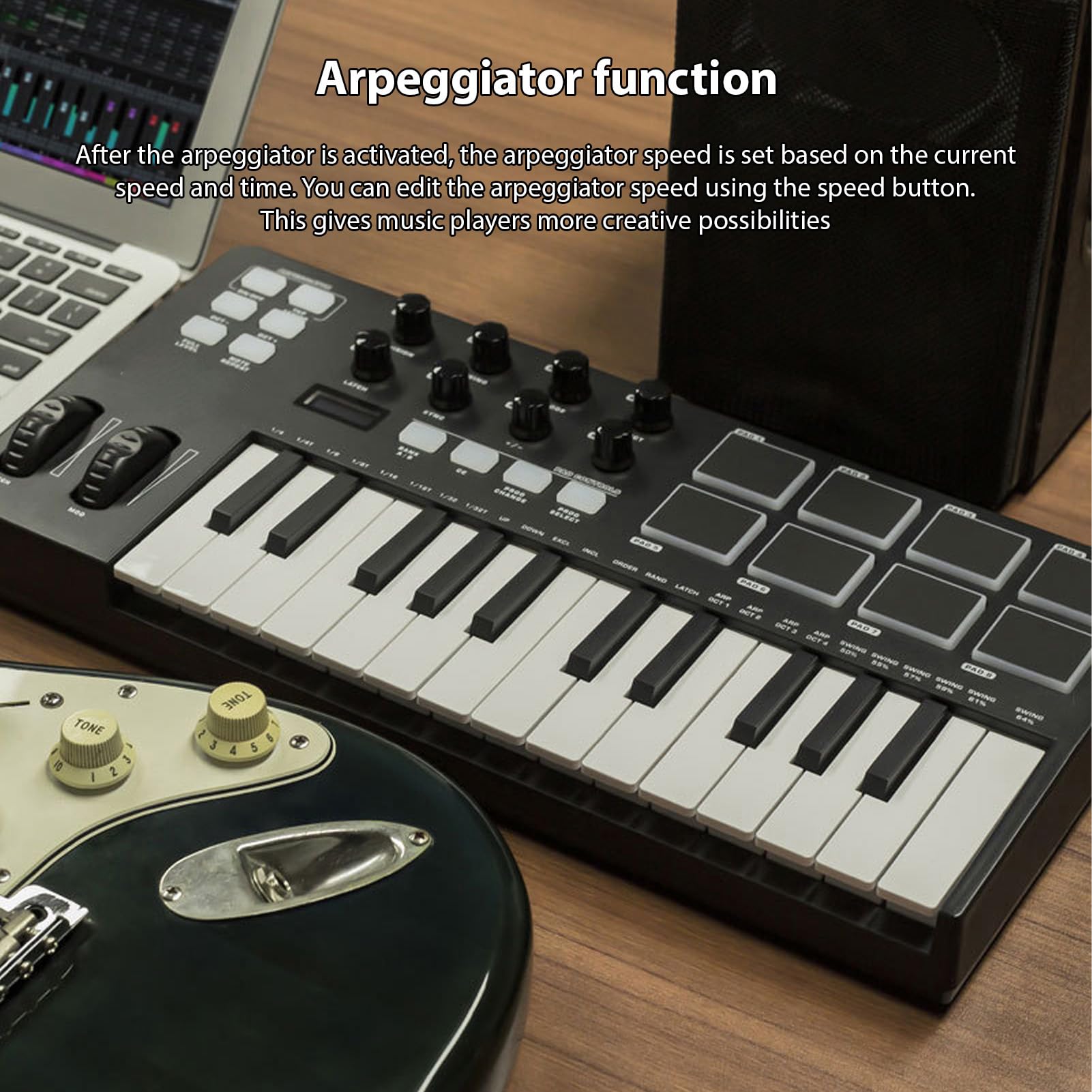 Fockety Controlador de Teclado Midi USB, Controlador Midi de 25 Teclas con Integración DAW Modo de Acordes Modo de Escala 8 Pads de Batería Retroiluminados Arpegiador 8 Perillas Software