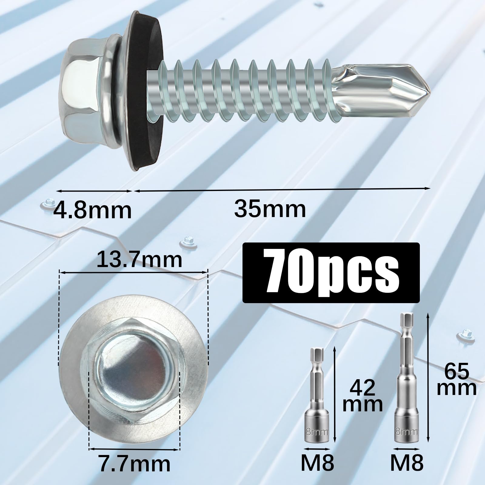 Sturiz 70PCS 4.8x35 mm Self Drilling Screws for Metal Roofing with Rubber Washers and 2 M8 Hex Socket Tech Screws - Image 2