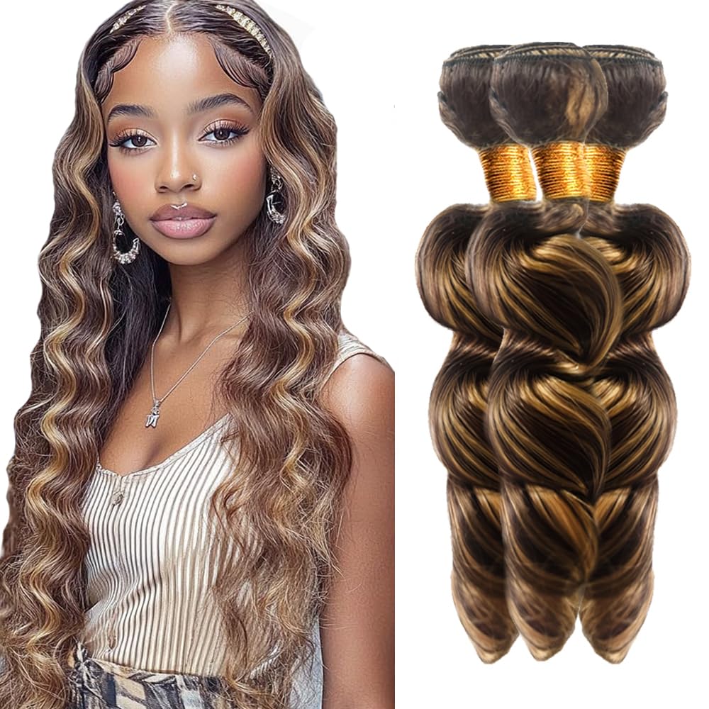 P4/27 Blonde Bundles Human Hair Loose Wave Bundles 14 16 18 Inch Human Hair Weave 3 Bundle Unprocessed Brazilian Virgin Hair Highlight Brown Loose Deep Wave Human Hair Extensions 50 Grams/Bundle