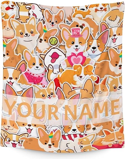 Personalized Corgi Blanket Gifts with Name - 60"x80" Cute Throw for Adults, Kids - Colorful Soft Fuzzy Blankets for Bed, Couch & Living Room