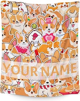 Personalized Corgi Blanket Gifts with Name - 60"x80" Cute Throw for Adults, Kids - Colorful Soft Fuzzy Blankets for Bed, Couch & Living Room