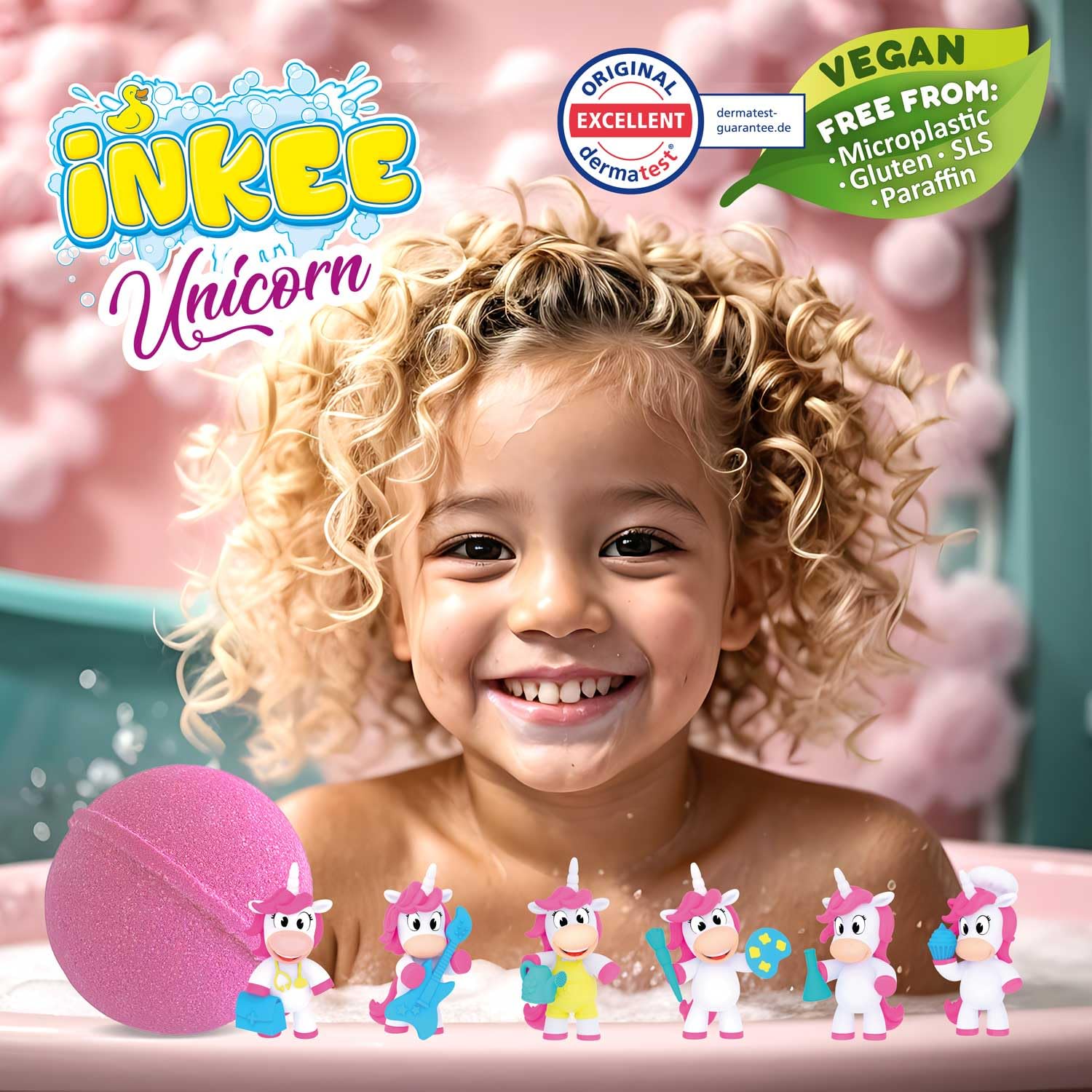 INKEE Surprise UNICORN PROFESSIONS | 3x Bomby do Kąpieli dla Dzieci z Niespodzianką – 3 z 6 Jednorożców do Zebrania – 3x 100g Kule do Kąpieli z Aromatem Koktajlu Bananowego i Olejem Jojoba