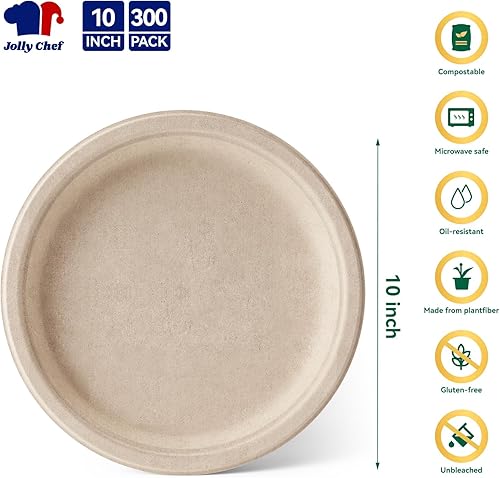 Miniatura 2 de JOLLY CHEF Compostable Heavy Duty Plates 𝟭𝟬 𝗜𝗻𝗰𝗵 [𝟯𝟬𝟬 𝗣𝗮𝗰𝗸] Eco-Friendly Disposable Paper Plates Made of Bagasse Biodegradable Bulk for Party Dinner