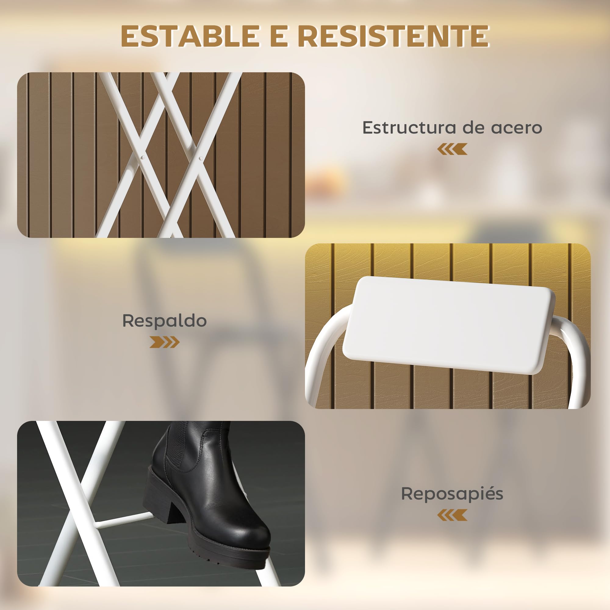 HOMCOM Juego de 2 Taburetes de Bar Plegables Taburetes Altos de Cocina con Respaldo Reposapiés y Marco de Acero para Comedor Mostrador Blanco
