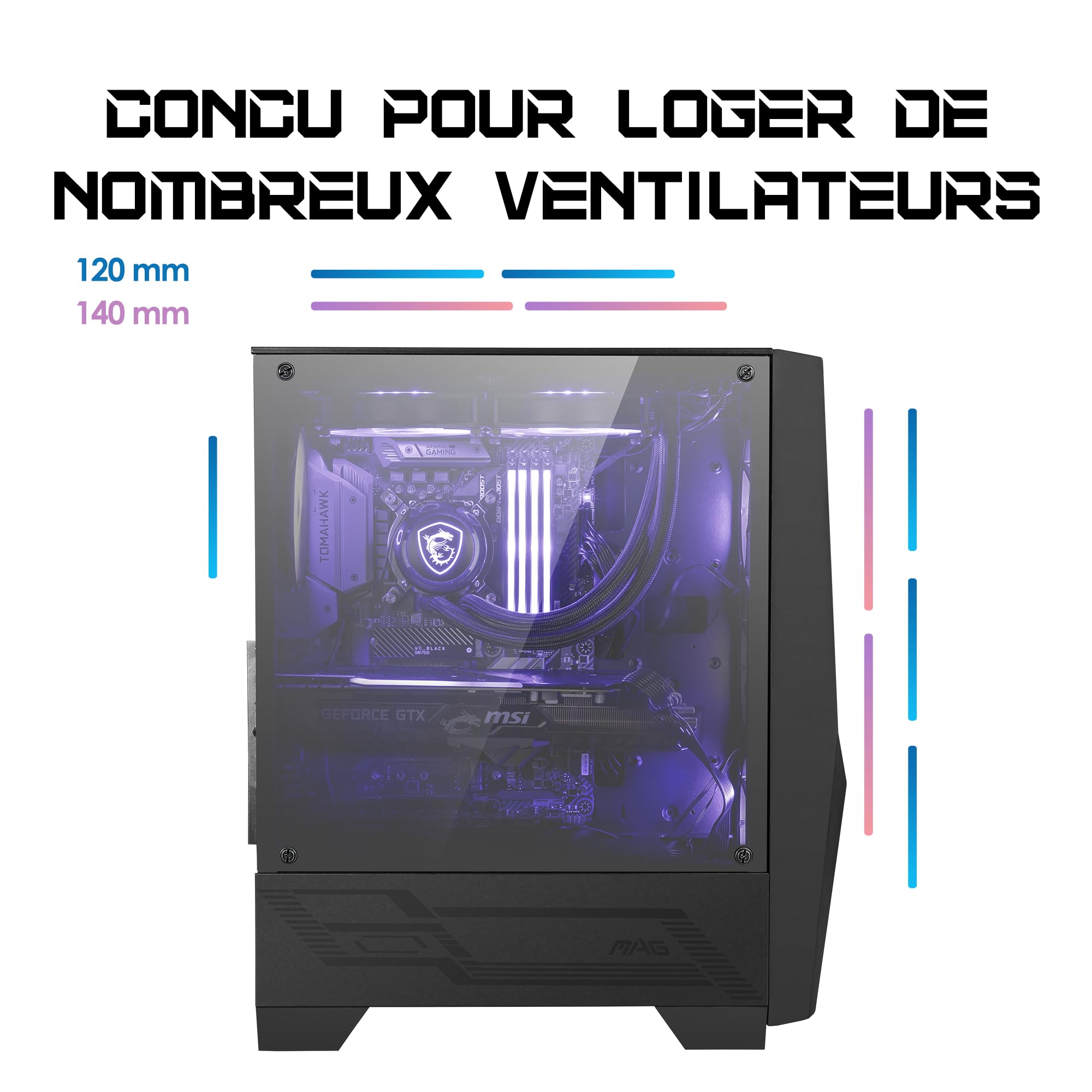 MSI MAG Forge 100M Boitier PC Gaming Moyen Tour Noir, 2X Ventilateurs 120mm RGB PWM, 1x Ventilateur 120mm, Hub RGB 1-6, Panneau Latéral en Verre Trempé, ATX, mATX, Mini-ITX