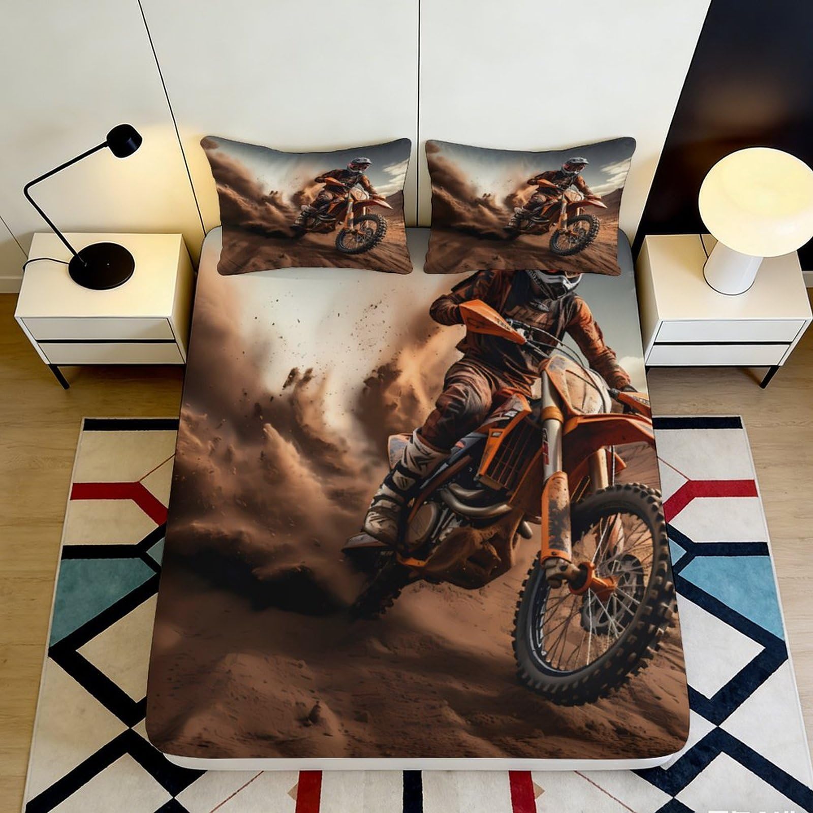 3D Printed Motocross Rider Fitted Sheet Microfiber Soft Breathable Dirt Bike Mattress Cover for Bedroom Dorm Decor 90x200x25cm