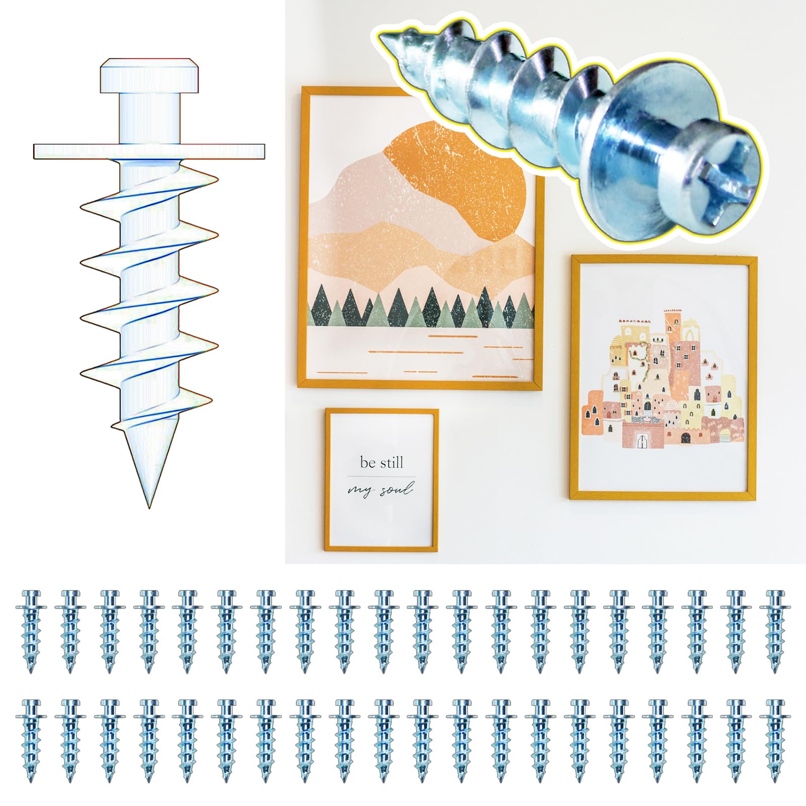 laffeya Kit para colgar cuadros, ganchos de tornillo de garra de oso de doble cabeza, colgador de cuadros de yeso para colgar relojes y más arte de pared (plata, 0.8 pulgadas)