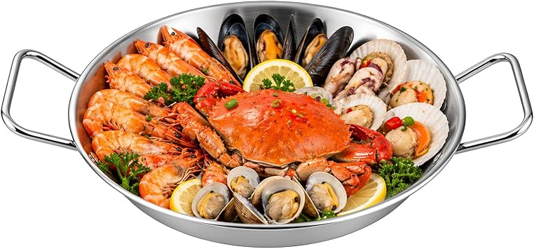 Stainless Steel Paella Pan, 12.4 in Flat Bottom Frying Skillet with Dual Extended Heat-Resistant Handles, Thickened Base for Cooking Spanish Rice, Seafood, Fried Chicken, Korean Cuisine & More
