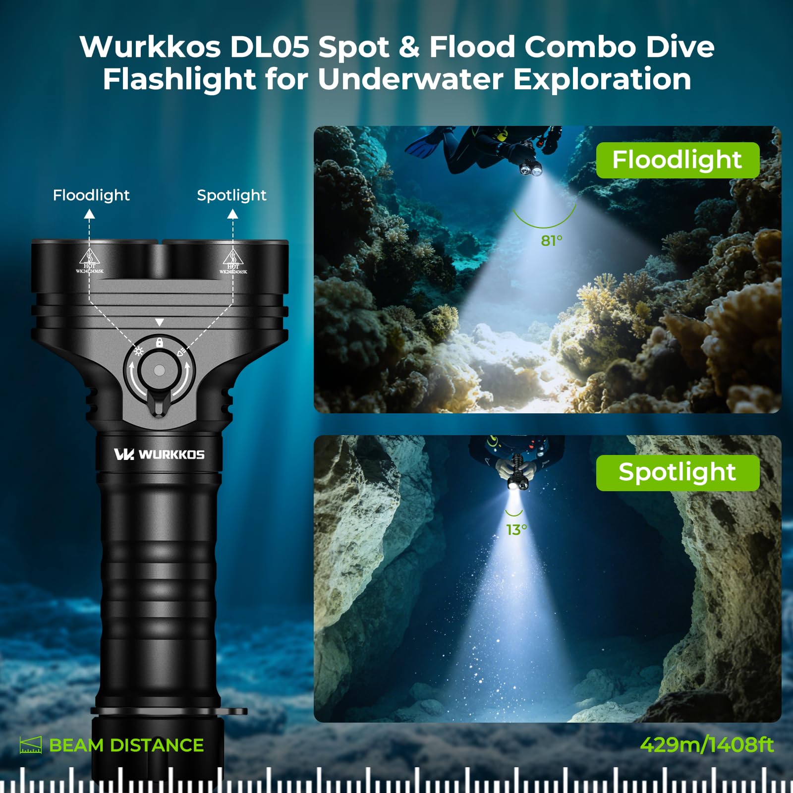 Wurkkos DL05 Faro subacqueo 6000 LM, torcia LED ricaricabile IPX8 100m Type-C
