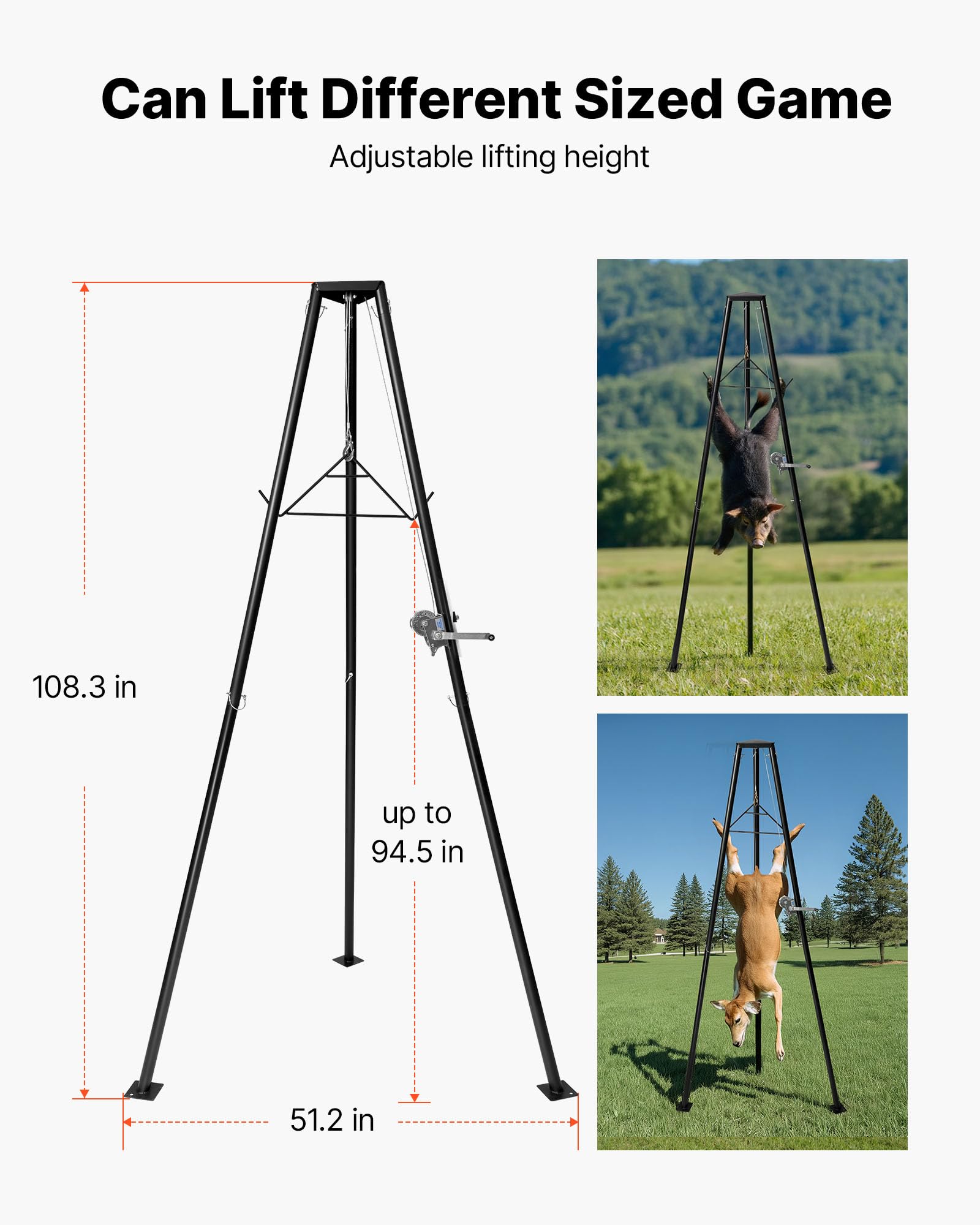 VEVOR Game Hoist, 227 kg Tragkraft, Jagd-Wildhebezeug mit Seilwinde und Gambrel, Wildaufhänger, Jagdspiel Zubehör zur Enthäutung und Reinigung von Jagdwild, 1300 x 1100 x 2750 mm, Schwarz