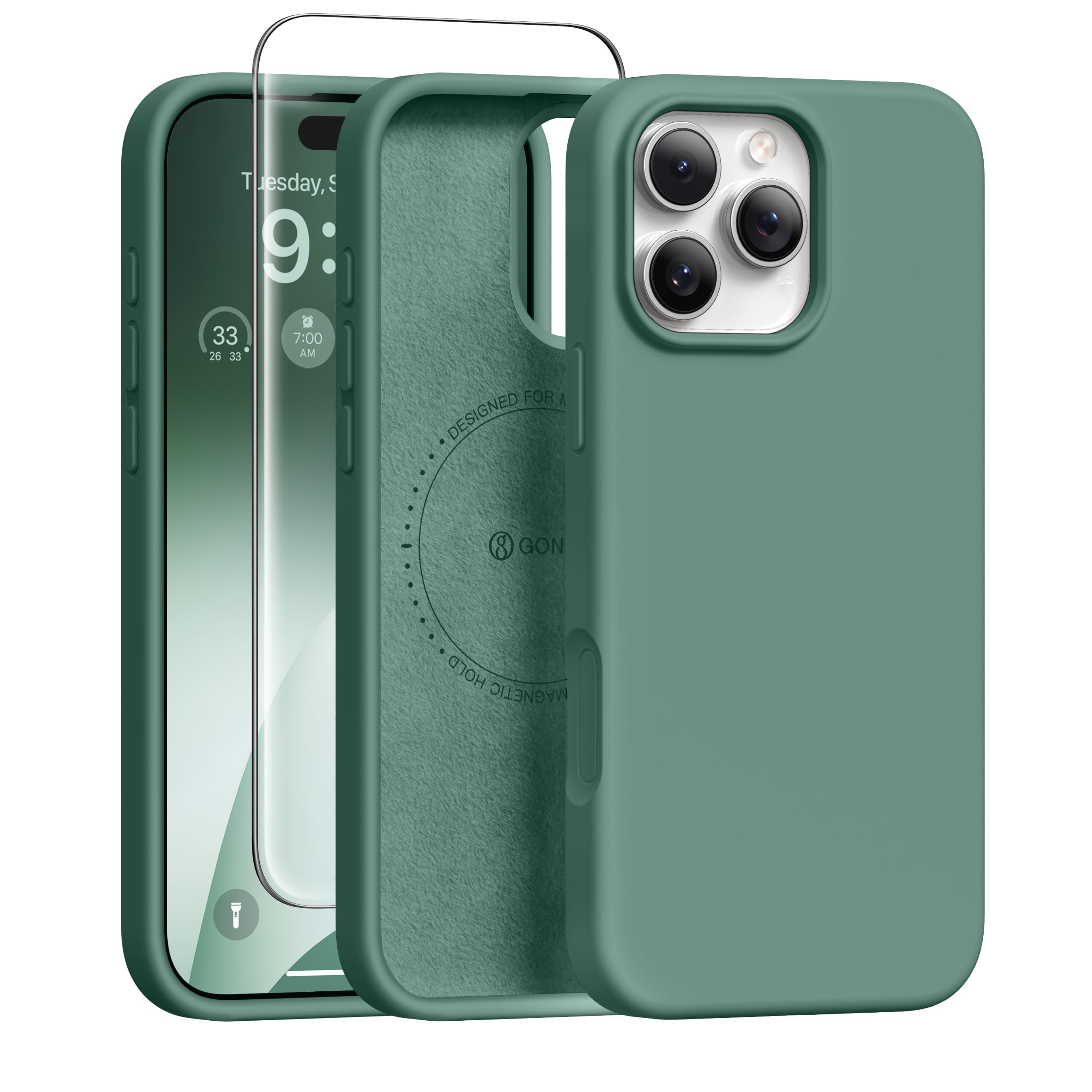 GONEZ Magnetic for iPhone 16 Pro Max Case, [Compatible with MagSafe] Anti-Scratch Microfiber Lining &amp; Screen Protector, Silicone Camera Control, Shockproof Slim Phone Cover 6.9 inch, Midnight Green