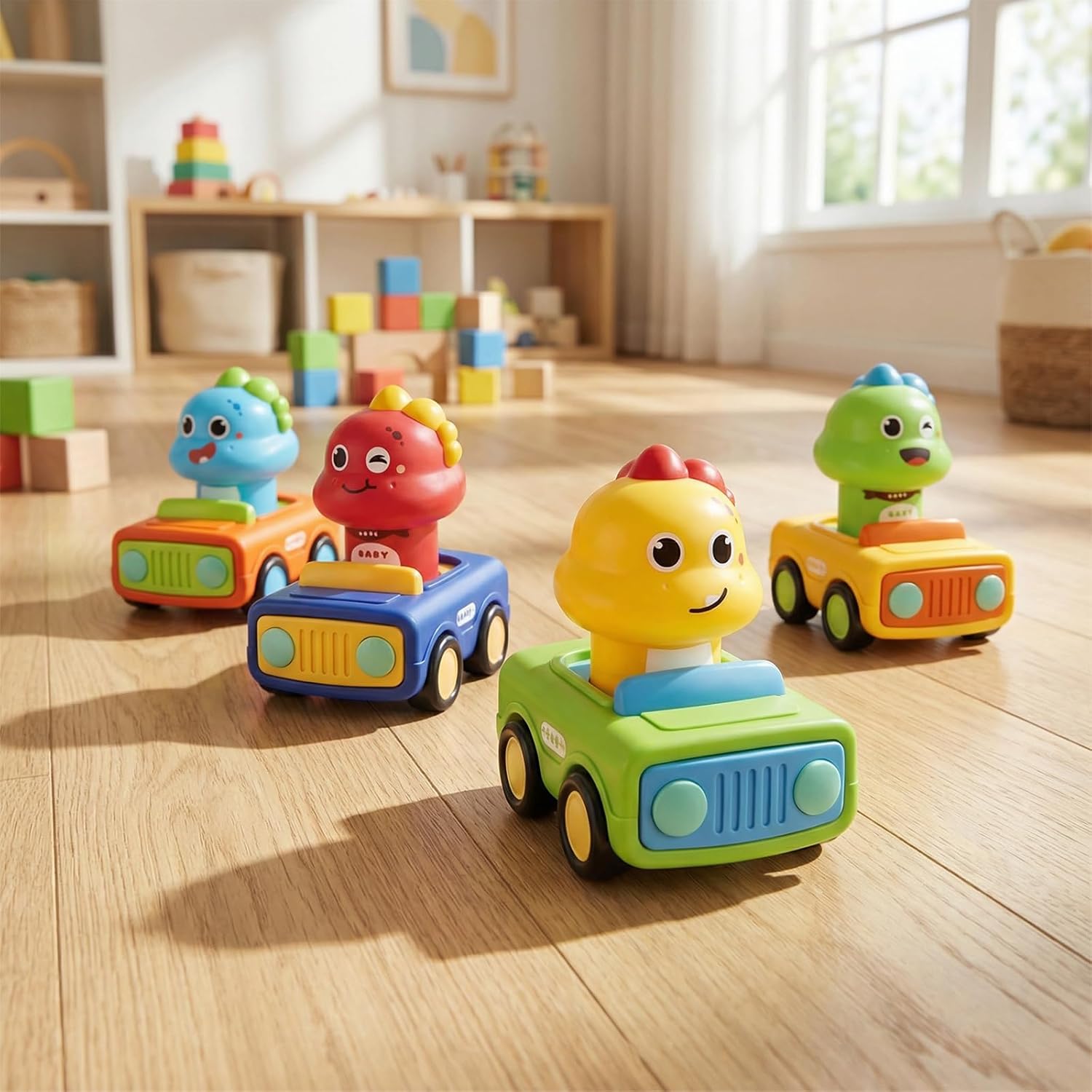 4Pcs Press and Go Dinosaur Toys Car for Toddlers 1-3, Cute Baby Toy Push Vehicle with 360° Rotating Head, Montessori Toys for 1 Year Old Boys Girls Birthday Easter