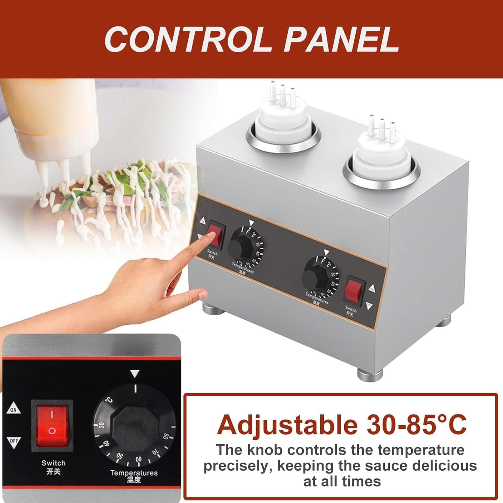 Calentador eléctrico de salsa para uso comercial, temperatura ajustable de 30 a 85 °C, calentador de botellas para queso nacho, chocolate y mermelada