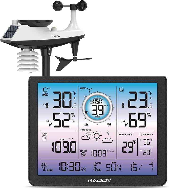 Raddy VP7 5-in-1 Wireless Weather Station, 7.4 Inch Color Display | Barometer, rain gauge, wind speed sensor, atomic clock, indoor outdoor temp monitor