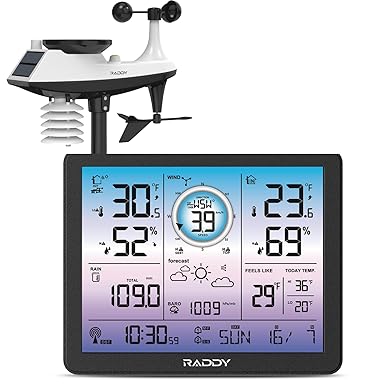 Raddy VP7 5-in-1 Weather Station Wireless for Indoor Outdoor | 7.4" Large Digital Color Display, with Barometer, Rain Gauge, Wind Speed, Atomic Clock, Weather Forecast, Temperature Humidity Monitor