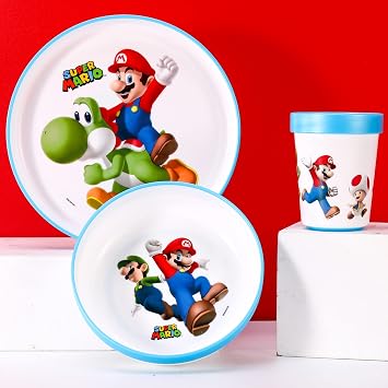 Super Mario 3pcs Reusable Bicolor Premium Kids Dinner Tableware Set Plate, Bowl & Tumbler, BPA Free