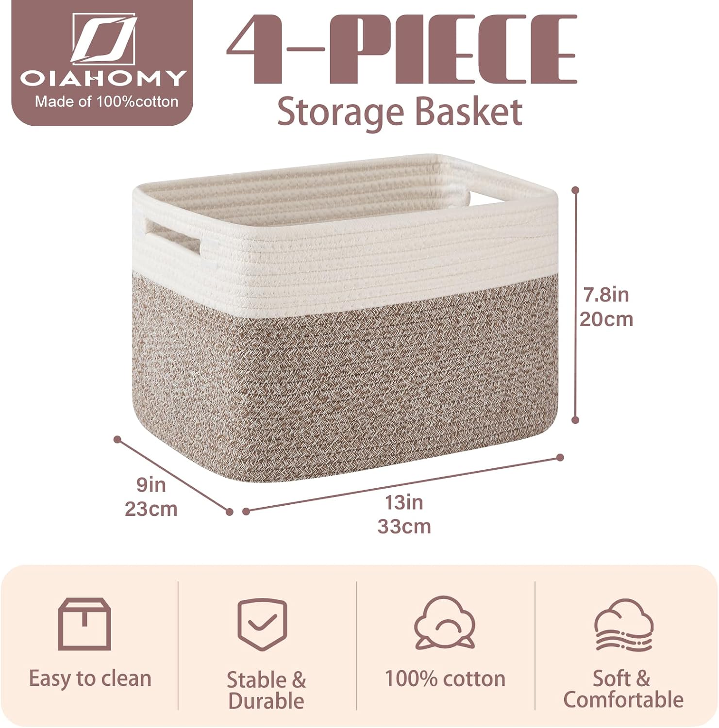 oiahomy 4 pack storage baskets for organizing, basket for shelves with handle, woven baskets for storage toys, towels, books, cotton rope basket 13" l x 9 " w x 7.8 " h, deep brown & white