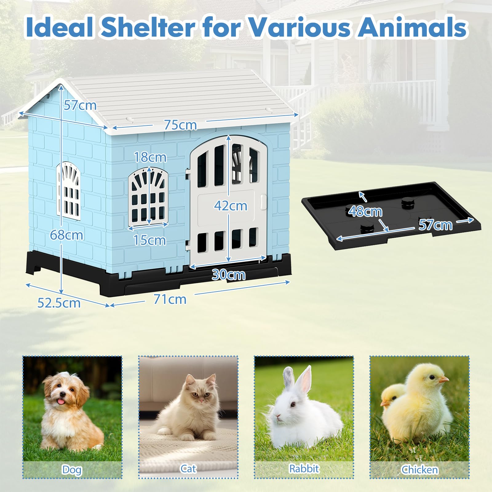 GOPLUS Caseta para Perros de Plástico, Casa para Perro con 3 Ventanas, Puerta con Cerradura, Techo Inclinado, Bandeja Extraíble, Perrera Interior Exterior para Perros Pequeños Medianos Patio (Azul)