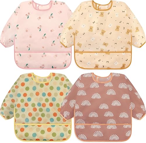 Accmor Paquete de 4 baberos de manga larga, baberos impermeables para bebé de 6 a 36 meses