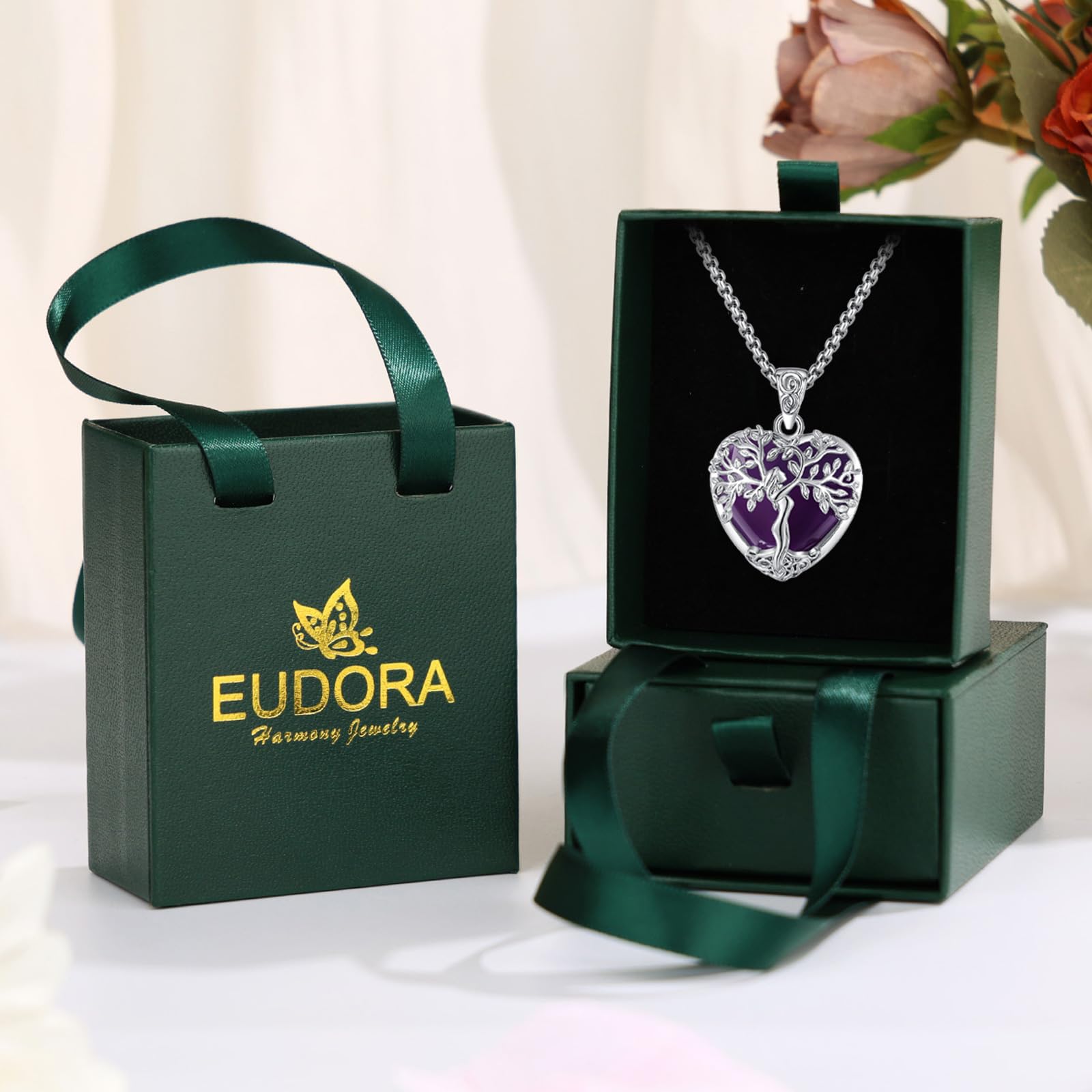 Lebensbaum Kette mit Kristall für Damen, Baum des Lebens Halskette Anhänger mit Kristall Heilsteine Amethyst Mondstein Obsidian Türkis Malachit Schmuck Geschenk für Frauen Dame