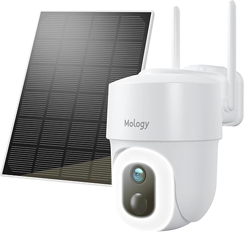 Mology Cámara de seguridad inalámbrica para exteriores, 2K 3MP con energía solar WiFi con visión nocturna a todo color, reflector, detección de