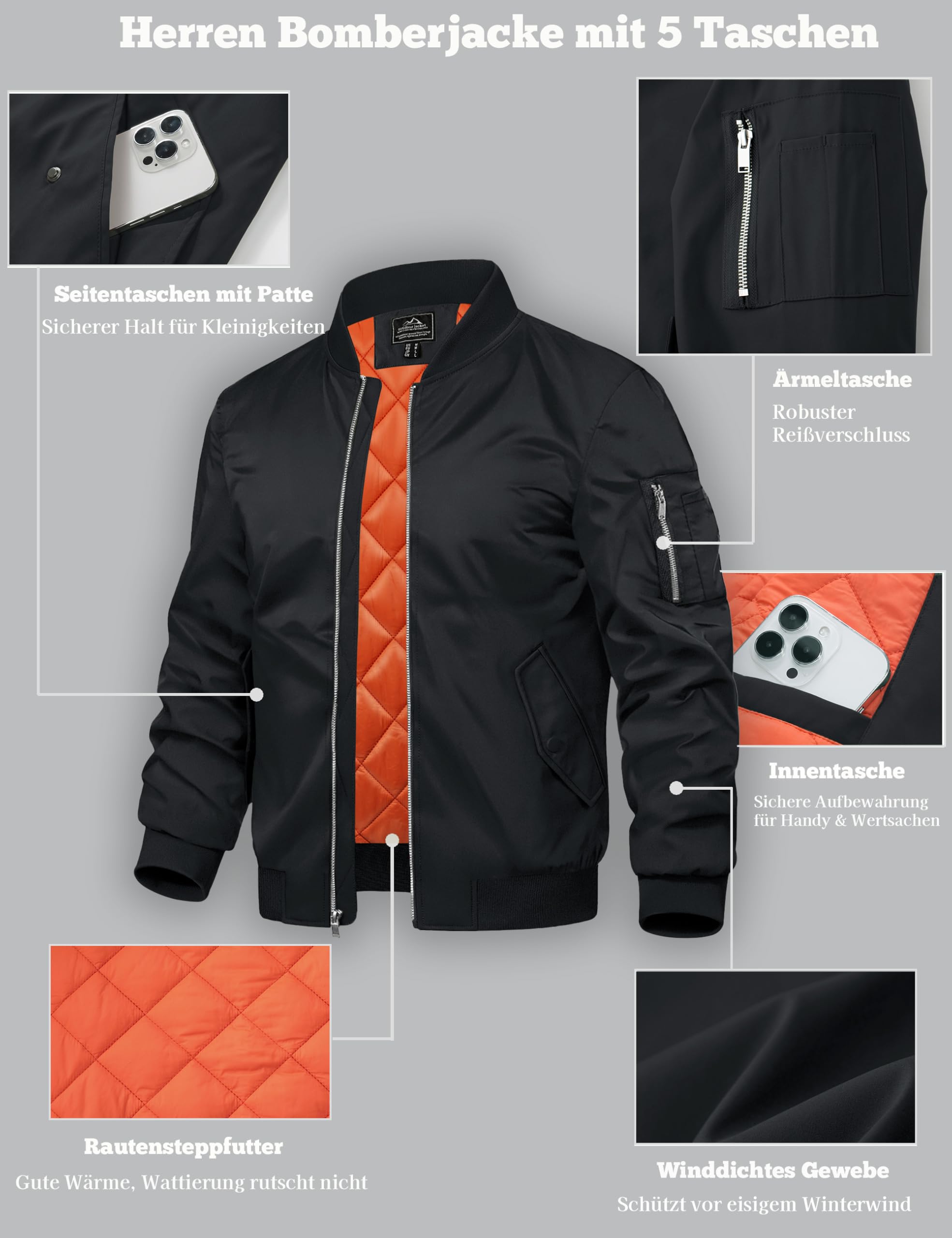 TACVASEN Bomberjacke Herren Winterjacke Übergangsjacke Warme Fliegerjacke | Arbeitsjacke, Herbst Blouson, Wasserabweisend, Warm Lässige Pilotenjacke, Frühling Casual Windbreaker mit Reißverschluss