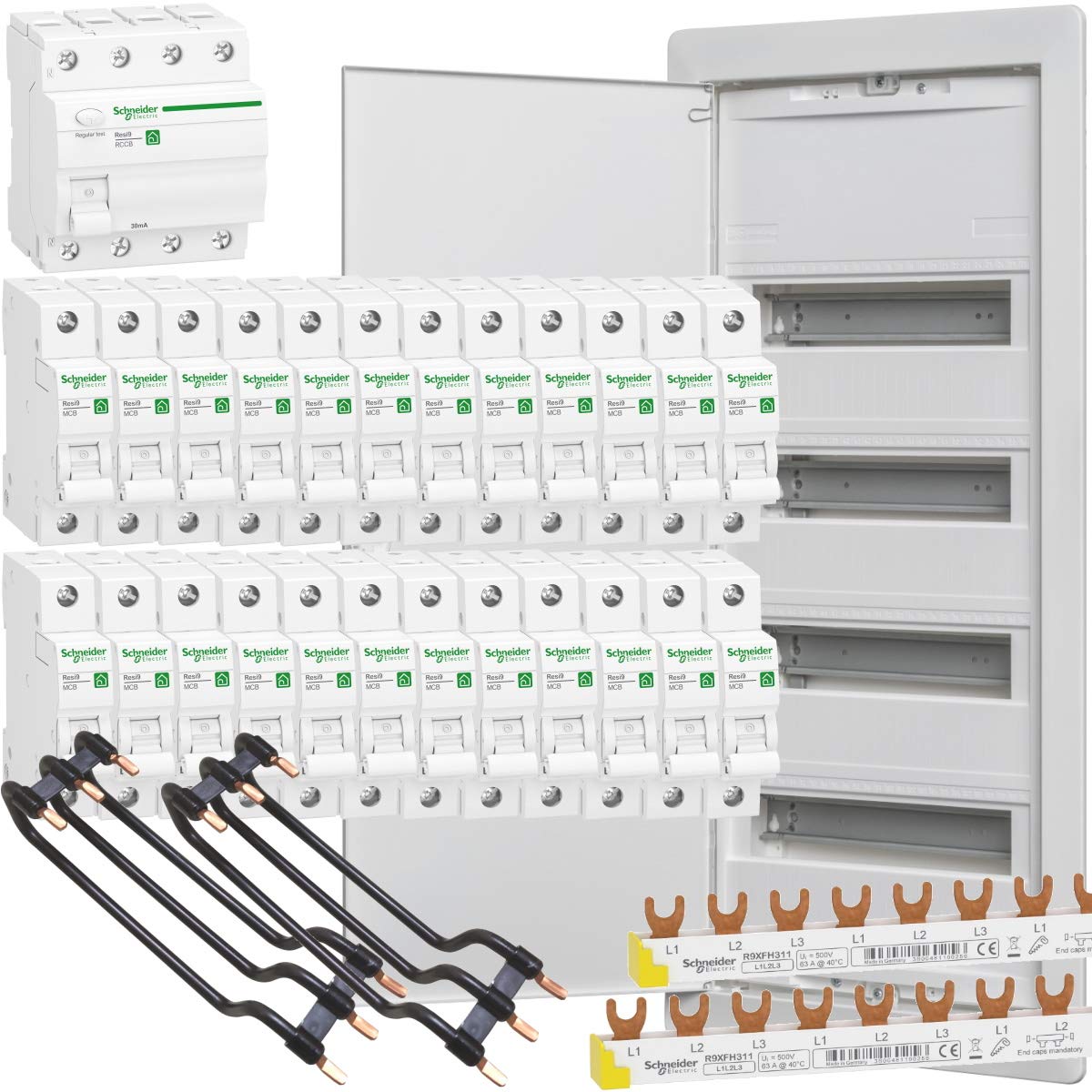 WITTKOWARE Unterputz Elektro-Verteilungsset, Kleinverteiler 4-reihig, FI-Schalter 40/0,03A, 24x Sicherungsautomaten B 16A, Verdrahtungsbrücken, Phasenschienen
