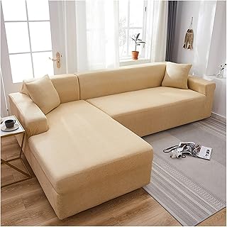 Daesar Funda de Sofa Elasticas,Funda para Sofas 3 Plazas y 4 Plazas,Color Sólido Funda Sofá Beige Amarillo,3 Plazas(190-230CM)+4 Plazas(235-300CM)