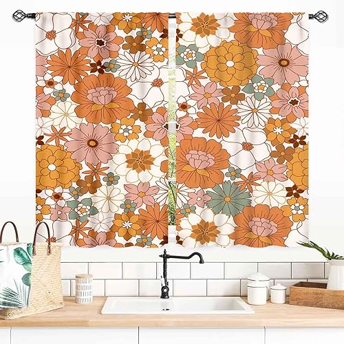 Miniatura 49 de Cortinas de cocina florales retro de los años 70 para ventana, diseño de flores naranjas hippie, estéticas, bohemias, opacas, pequeñas, cortas, para