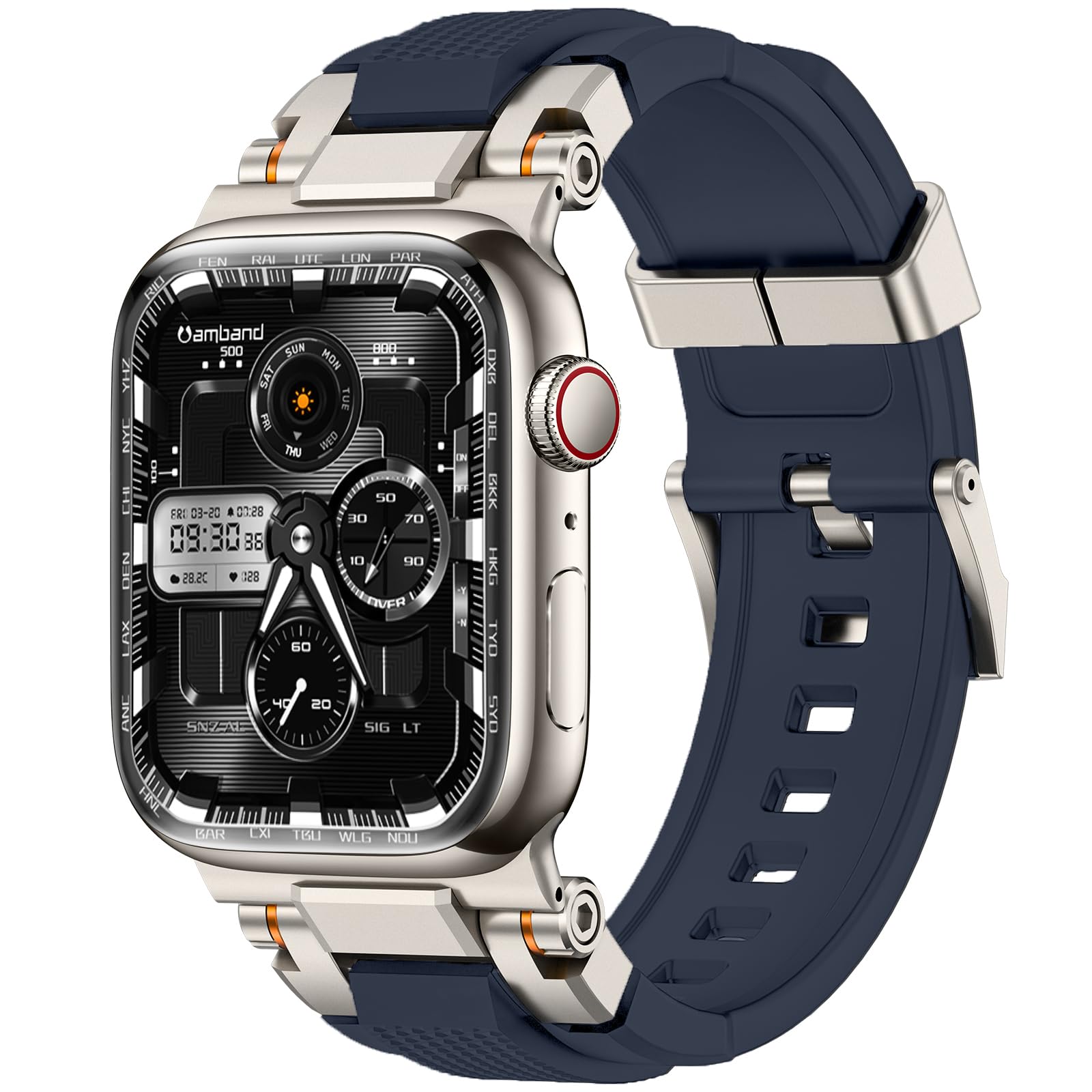 amBand Bands Compatible with Apple Watch 9/8/7 45mm, M1 Sport Series Rugged Durable Strap with Stainless Steel Connector to Match Watch's Metal Case for iWatch SE/6/5/4/3 44mm 42mm Titanium/Navy Blue