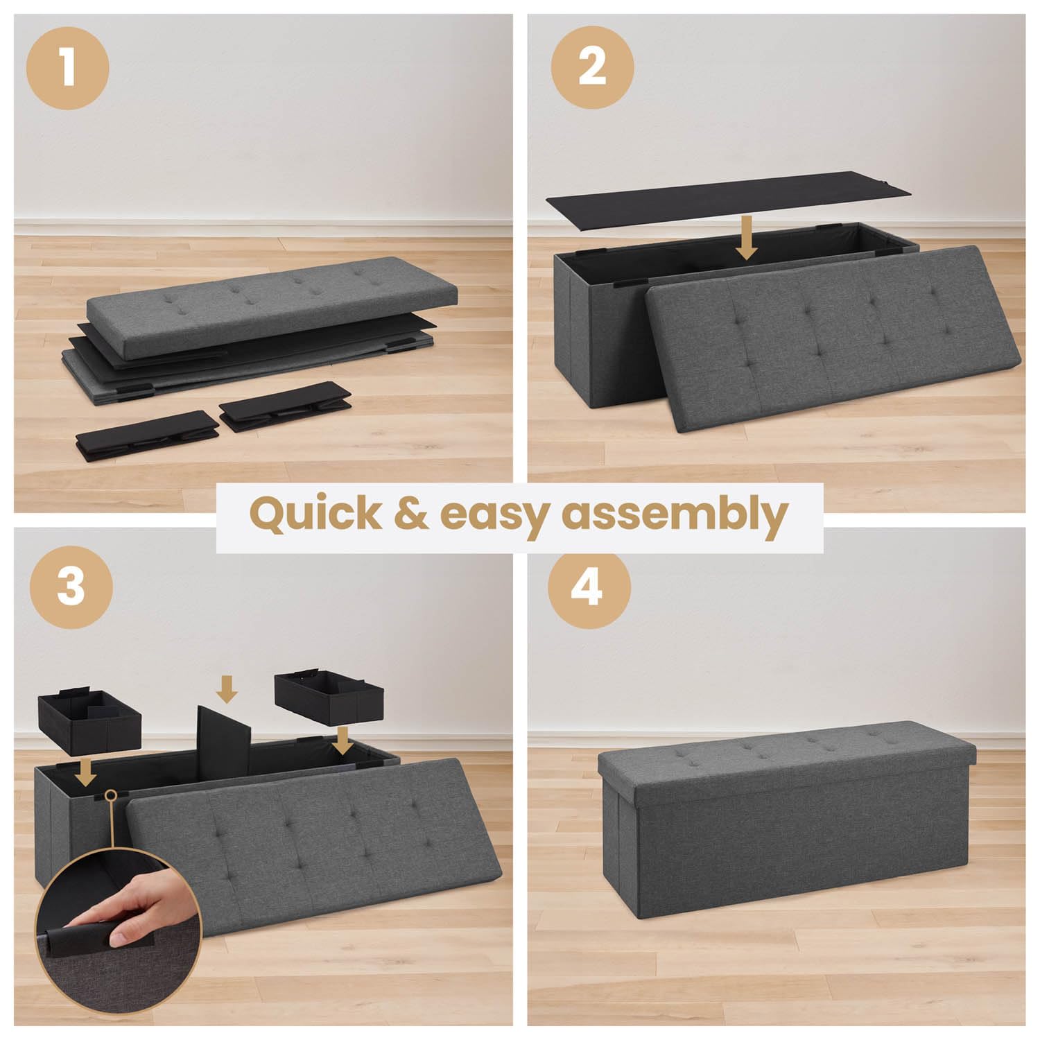 Blumtal panca contenitore + 2 scatole extra - panca camera da letto 110x38x38 cm - cassapanca contenitore da interno - panche contenitori - panca contenitore camera - baule da interno - in antracite