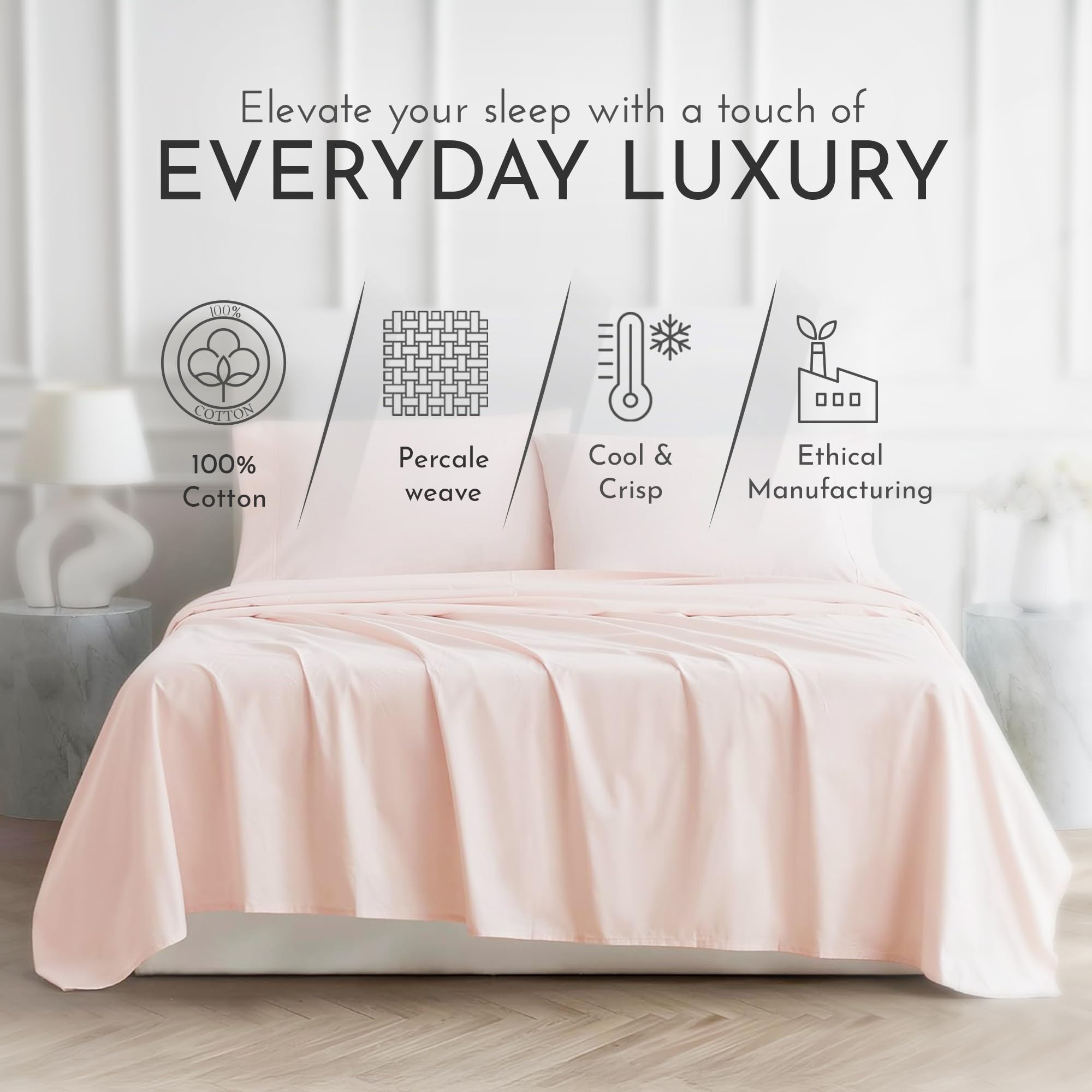 Linen Closet Ultimate Parure de lit 4 pièces en Percale Blush Queen Size