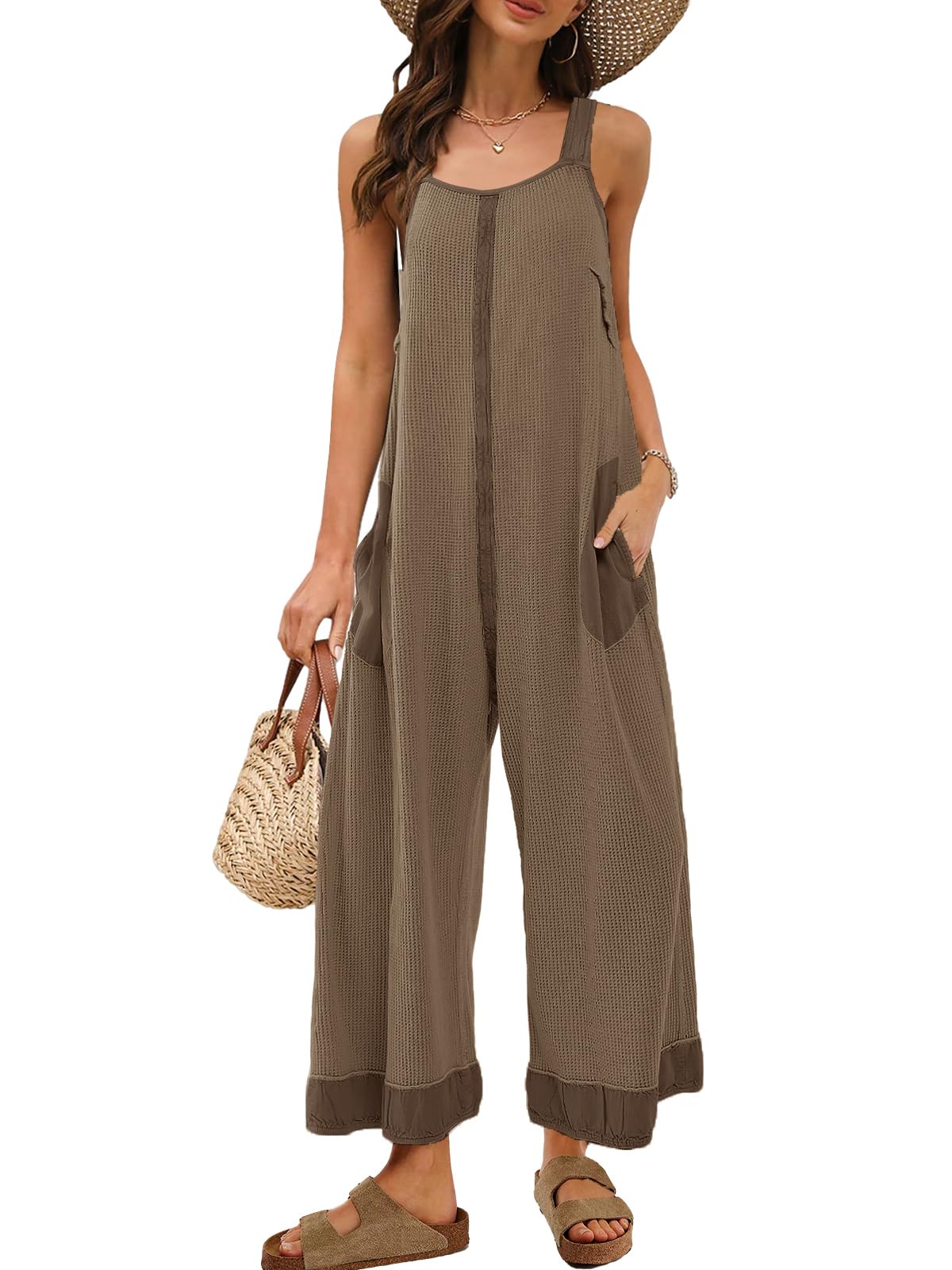 Panadila Womens Waffle Knit Jumpsuit Casual Wide Leg Jumpsuits Oversized Long Rompers Open Back Loose Overalls