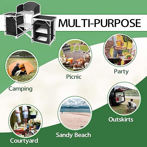 Miniatura 6 de CampLand Mesa de cocina plegable al aire libre, estación de cocina portátil de aluminio para acampar con organizador de almacenamiento, parabrisas,