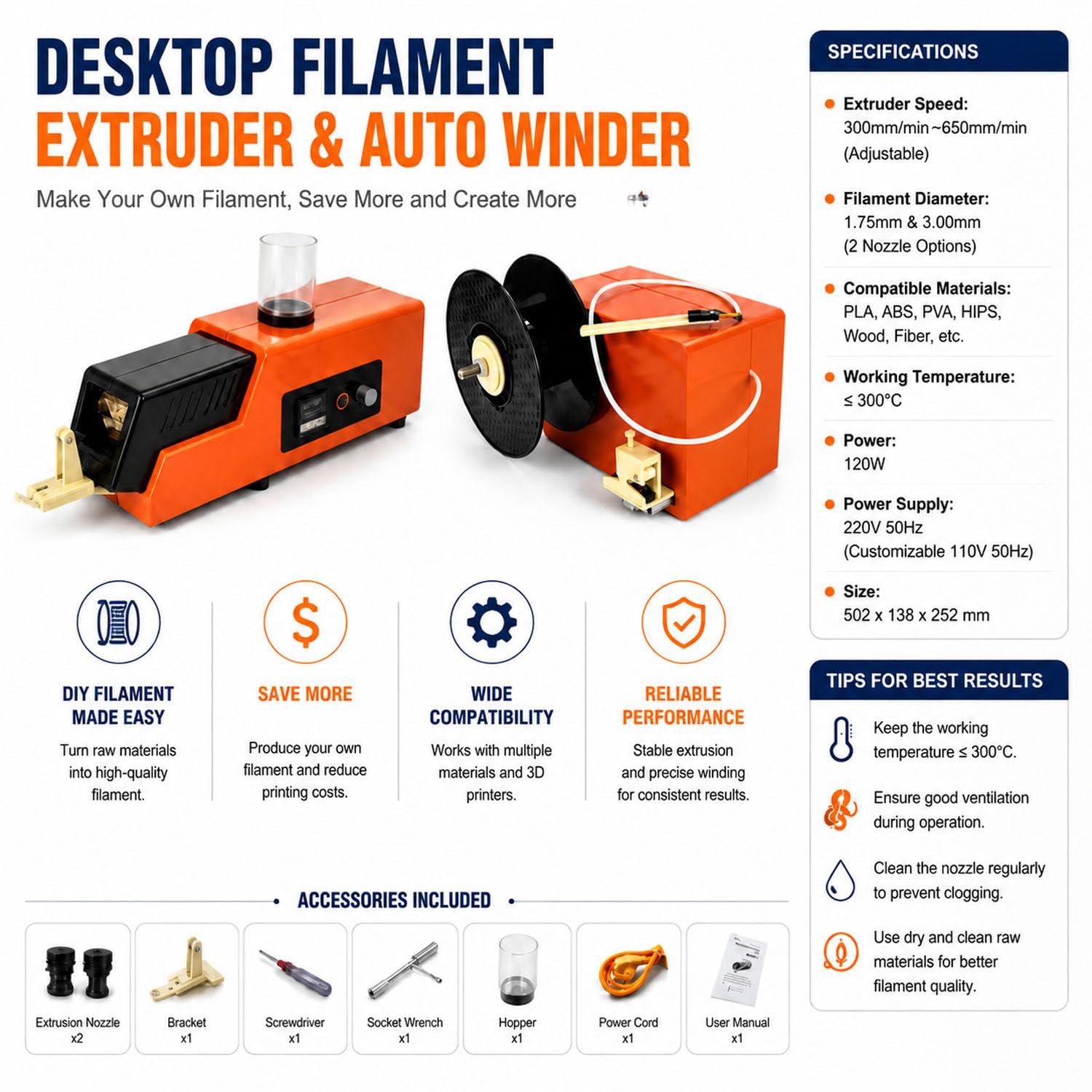 DowPie Extruder mit regelbarer Geschwindigkeit,Doppel-Düsen 1,75 mm / 3 mm FiberWinding-220v | Extruder mit regelbarer Geschwindigkeit, Doppel-Düsen, Herstellung von 1,75 mm & 3 mm Thermoplast-Filament