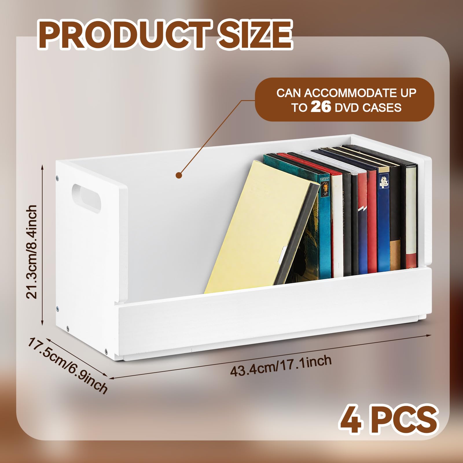 CroBlissful Set di 4 scatole in legno per DVD e DVD, in legno massello, con maniglia per il trasporto, per CD, custodie per film, ogni organizer può contenere fino a 26 scatole (bianco)