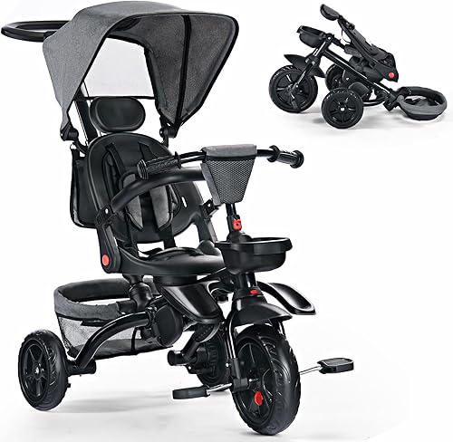 Triciclo plegable para niños, triciclo de bebé 8 en 1 con toldo extraíble y varilla de empuje parental, cochecito de bicicleta para niños de 1 a 5