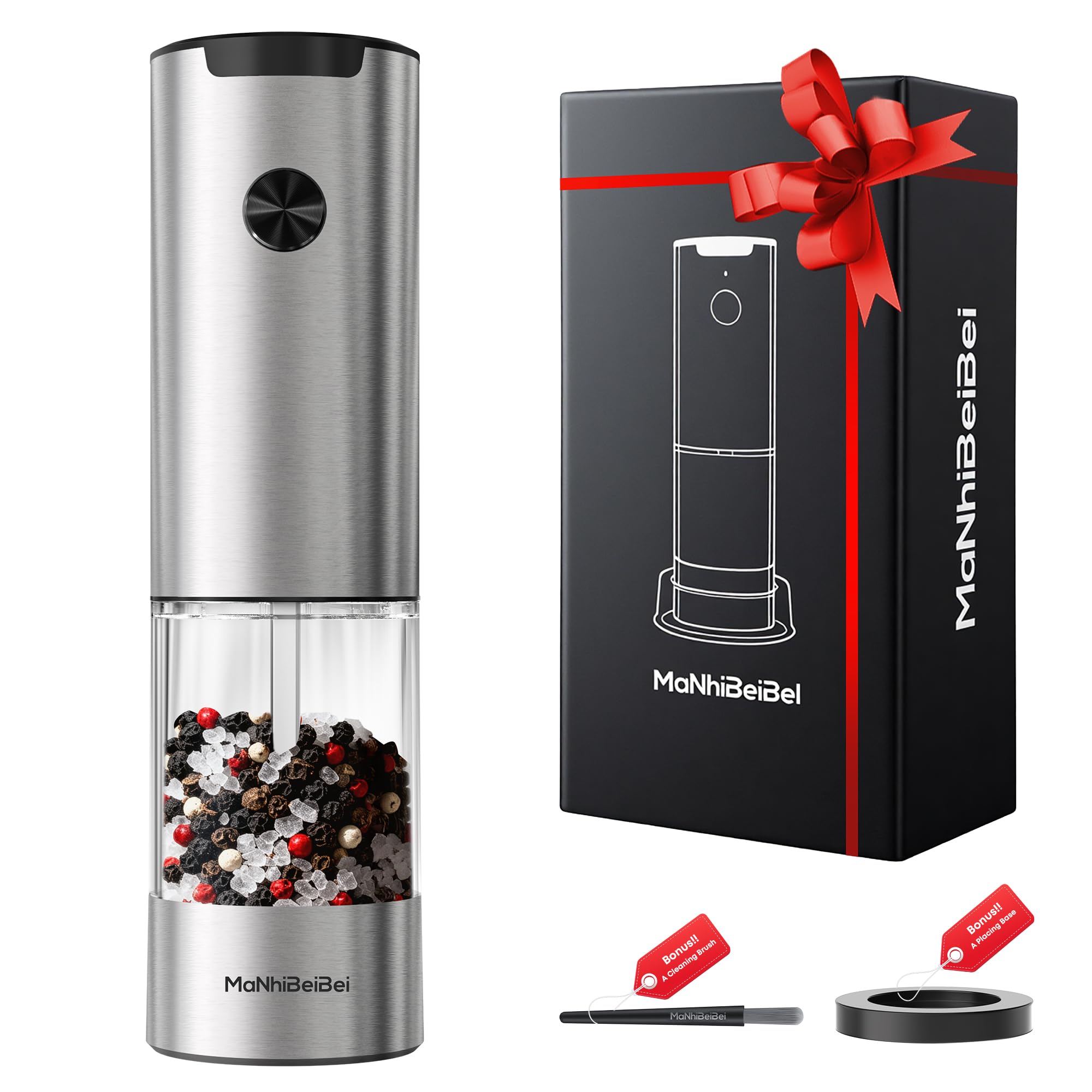Macinino elettrico per sale e pepe con una sola mano, grana regolabile, corpo in acciaio inox, macine in ceramica, macinapepe con luce LED, regalo per la casa