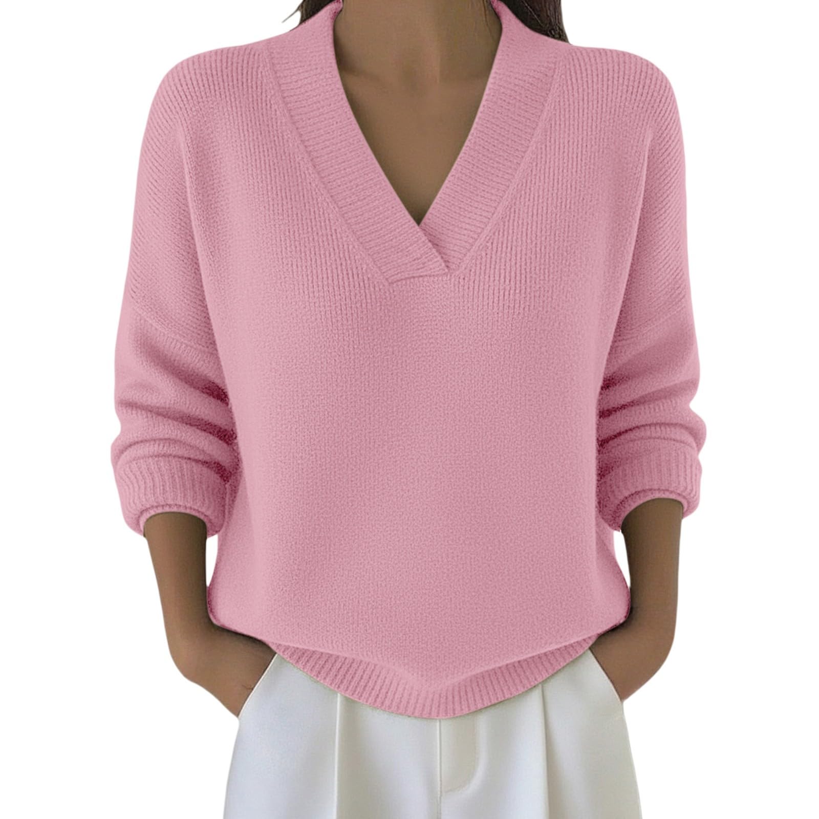 Generisch Hoodie Damen ohne Kapuze Sweatshirt Damen ohne Kapuze Warm Damenpullover Nw Herbst Pulli V-Ausschnitt Casual Langarmshirts Übergroße Passform Elegante Sweatpullover Transition Frühling