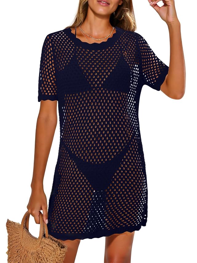 StunShow Cover Ups for Swimwear Women Crochet Beach Dress Short Sleeve Bathing Suit Summer Vacation Clothes