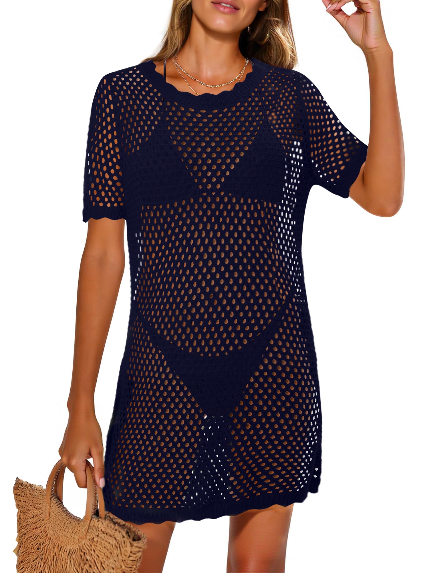 StunShow Cover Ups for Swimwear Women Crochet Beach Dress Short Sleeve Bathing Suit Summer Vacation Clothes