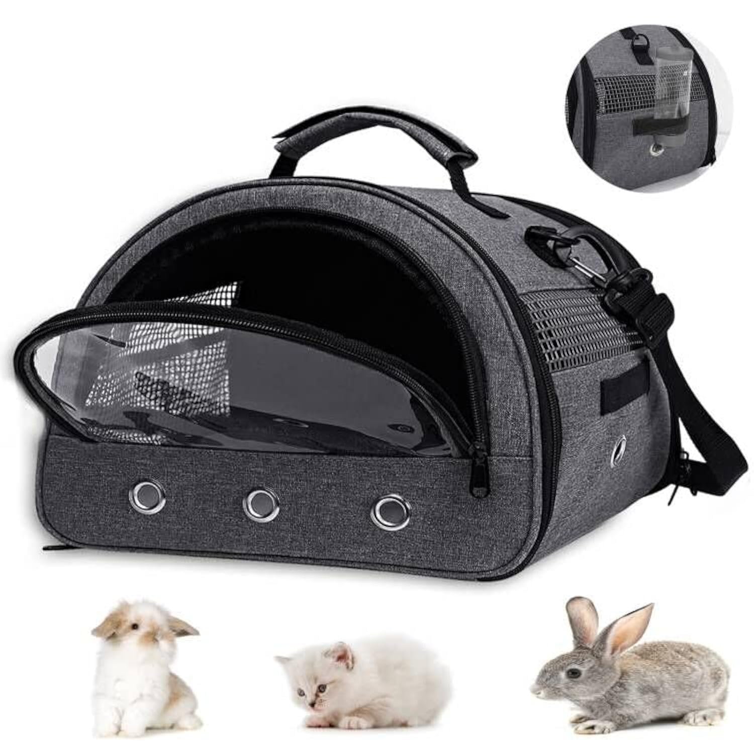 Sac de transport pour petit animal de compagnie, cochon d'Inde avec trou pour bouteille d'eau, doublure amovible, sac de transport portable à double porte, lapin, dragon barbu (gris)