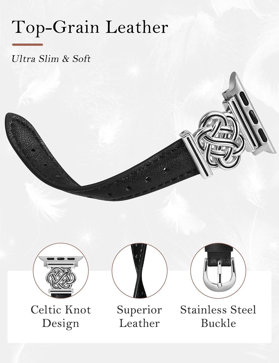 Minyee Celtic Knot Leather Band Compatible with Apple Watch Band 41/40/38/44/45/46/49/42mm Women, Slim Thin Dressy Premium Leather Adjustable Strap for iWatch Series 11 10 9 8 7 6 5 4 SE/Ultra 3 2 1 image 3