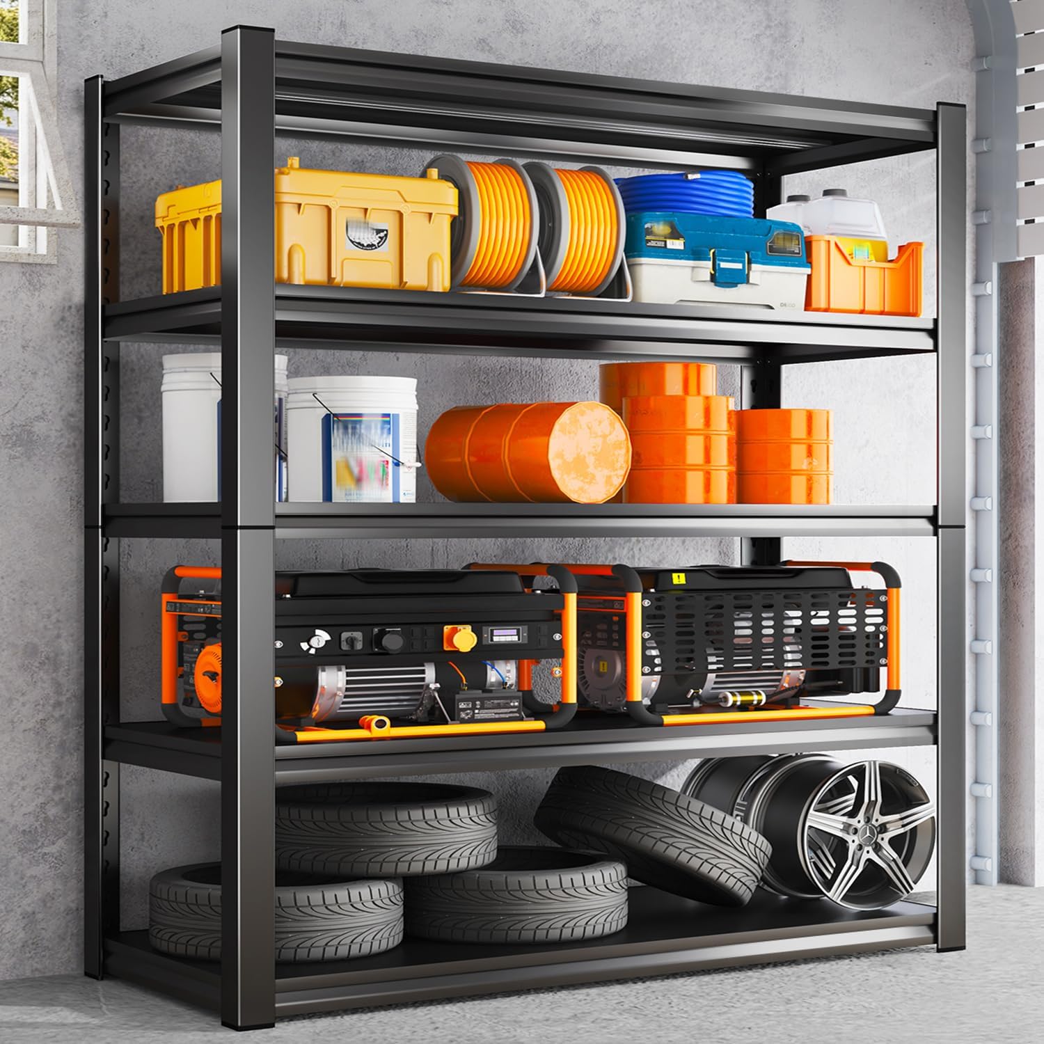 Garage Shelving Heavy Duty Adjustable Storage Shelves 3000LBS Garage Shelves,5-Tier Metal Shelving Unit, Easy Assembly Storage Rack for Warehouse, Basement, Black (72''H x 45.7''W x 19.7''D)
