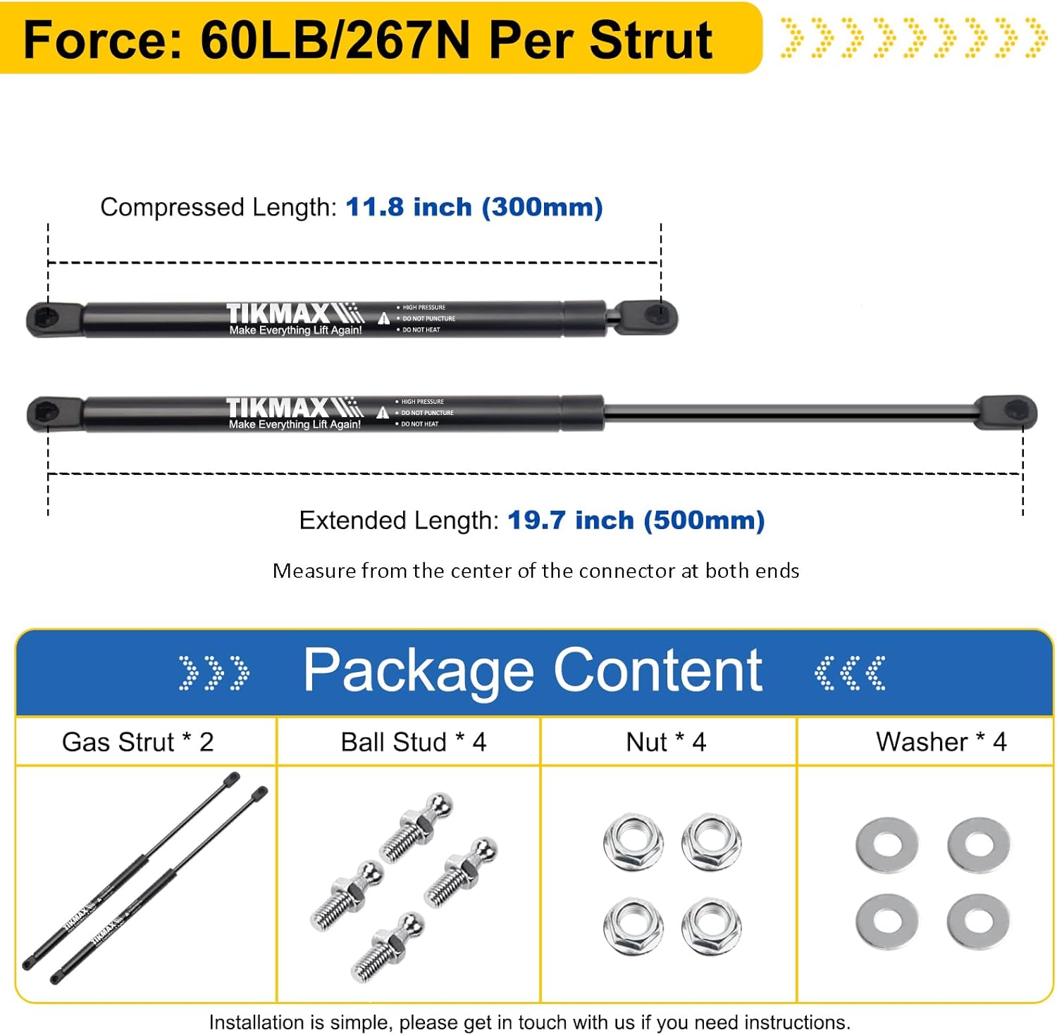 20in 60lb/267N Gas Strut Spring C16-08260 sx200p-60, RV Gas Prop Shock Lift Support for Motorhome, Bed Storage, Boat Hatch, Camper Shell, Toolbox Lid, Tonneau Cover, Rear Window (With Ball Studs) 2Pcs