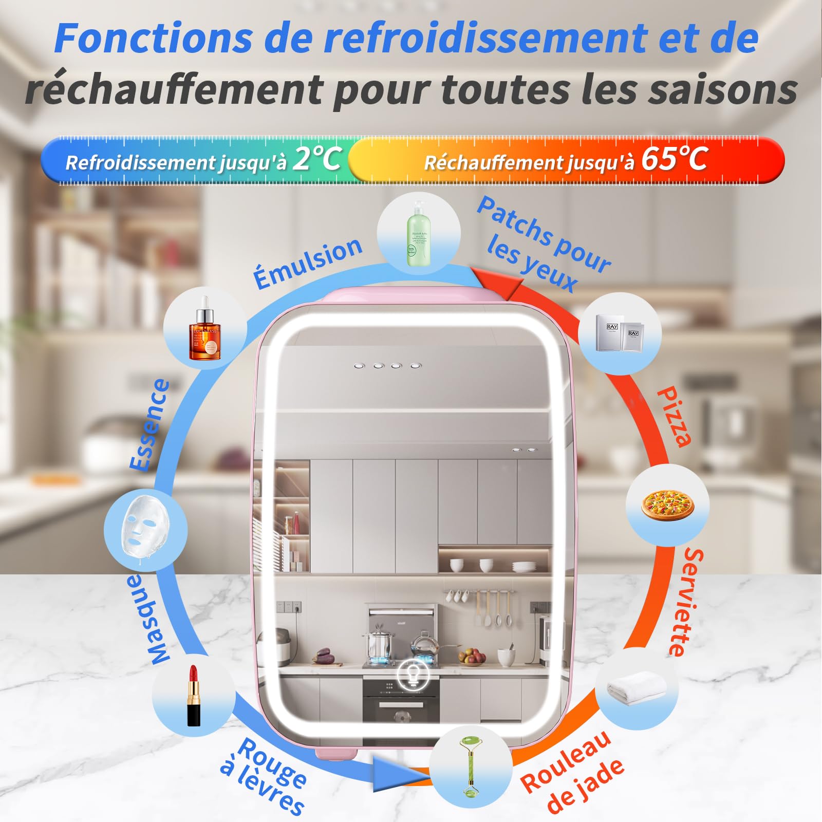 YASHE Mini Frigo pour Chambre, Frigo Skincare avec Miroir LED, Petit Frigo de 4L Portable, Thermoelectrique Chauffe & Refroidisseur 220V AC / 12V DC pour Voiture, Bureau, Dortoir (Rose)