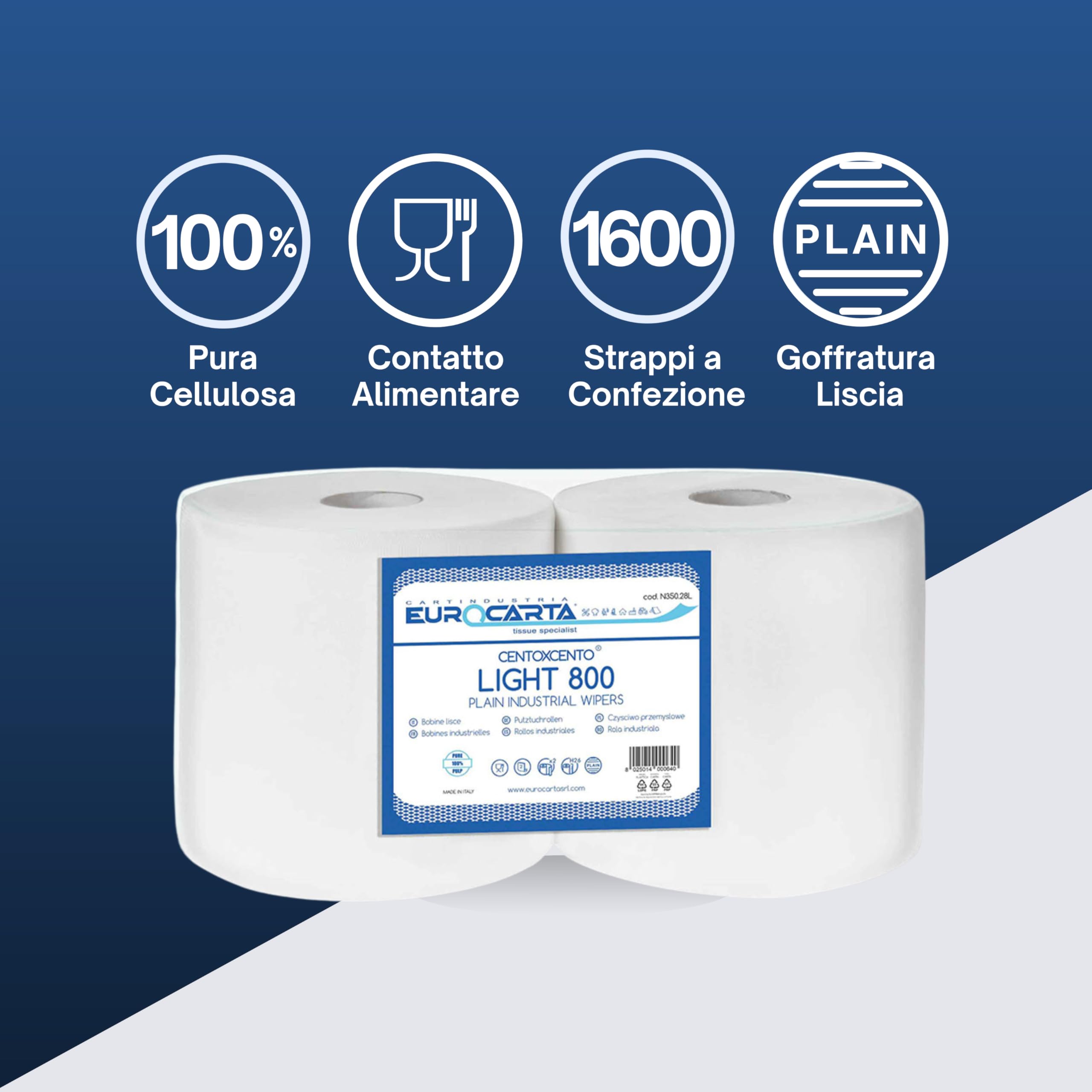 Light 800, Rotoloni Carta Industriale, 2 Veli, 800 strappi a Rotolo, Altezza 25 cm, Diametro 25,5 cm, Adatto per Dispenser, Ideale per Uso Industriale e Domestico (2 Rotoli)
