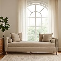 Aortzio 75.2" Oversized Chenille Chaise Lounge Bench with Tufted Arms & 4 Pillows - Taupe Daybed for King Beds