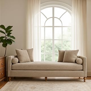 Aortzio 75.2" Oversized Chenille Chaise Lounge Bench with Tufted Arms & 4 Pillows - Taupe Daybed for King Beds
