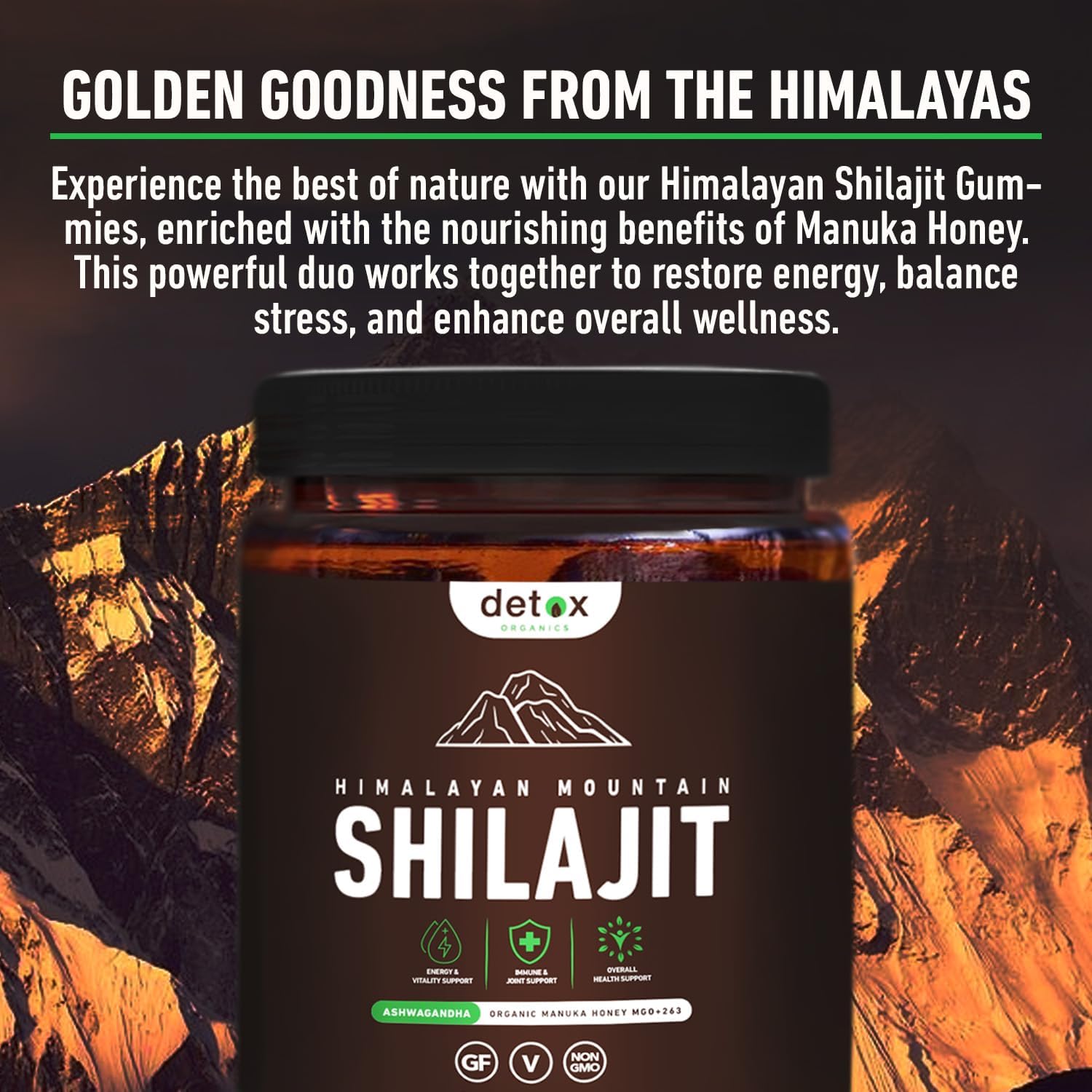 Detox Organics Shilajit Gummies - Authentic Shilajit Blend with Himalayan Ashwagandha & Sweetened Organic Manuka Honey - Crafted for Vitality & Immune Support - Glyphosate-Free - 60 Count